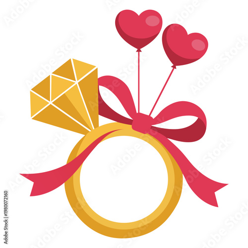 Diamond Engagement Ring with Heart Balloons Vector Illustration