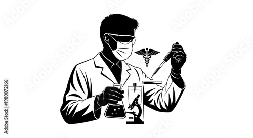 Scientist, laboratory worker, lab coat, medical professional, black and white vector