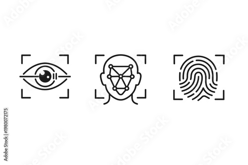 Biometric Scan Line Icon Set Featuring Eye Recognition, Iris Scanner, Face Detection, Facial Mapping, and Fingerprint Identification for Digital Security, Privacy, and Authentication Systems