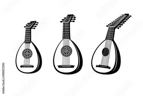 Set of three black and white lute illustrations featuring historical stringed instruments in a simple flat vector style, perfect for music history, Renaissance festivals, and acoustic design.