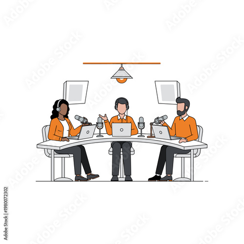 Three individuals engaged in a balanced podcast recording session