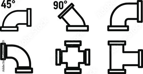 Plumbing Pipe Fitting Vector Icon Set with Elbow T-Junction and Cross Connectors Line Art