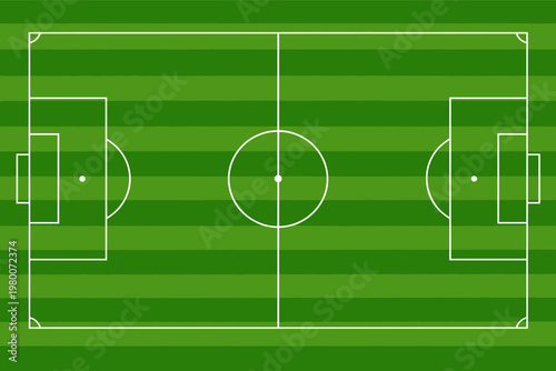 Top view of a professional green soccer field with white markings and striped grass turf pattern. Realistic football stadium pitch background for sports games, tournaments, and athletic events.