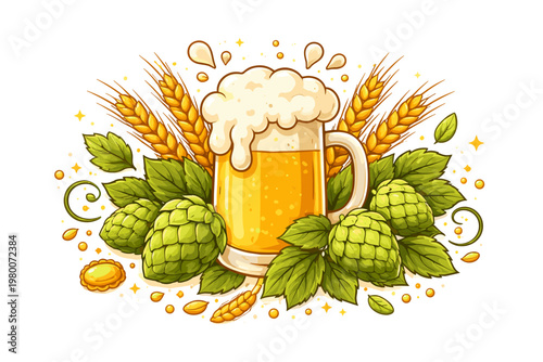 Vector illustration of a glass mug filled with golden lager beer and thick frothy foam, surrounded by fresh green hops and ripe wheat ears, perfect for brewery, pub, and craft beer festival branding.