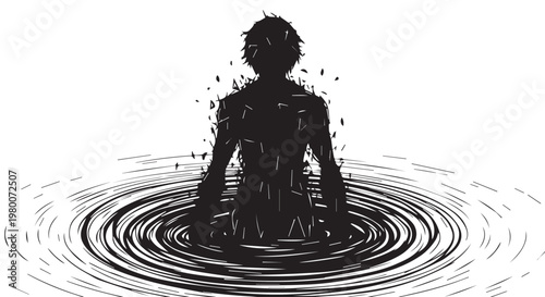 Depressed person, silhouette in water, mental health, anxiety, vector illustration
