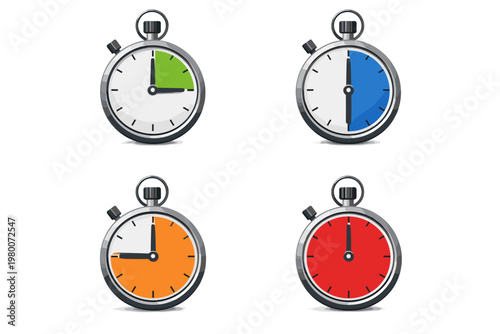 Vector illustration of a stopwatch timer set with 15, 30, 45, and 60 seconds or minutes icons. Colorful countdown clock collection for time management, speed, deadline, and efficiency concepts.
