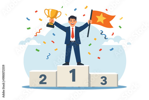 Successful Businessman Celebrating Victory on a First Place Podium Holding a Gold Trophy and a Star Flag with Confetti, Concept of Achievement, Leadership, Career Growth, and Business Success.