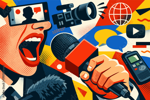 Vibrant Halftone Collage of a Journalist Screaming into a Microphone for Social Media News. Features a Video Camera, Smartphone, Globe, and Digital Recorder in a Bold Pop Art Graphic Illustration.