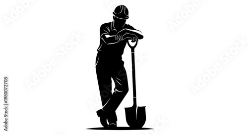 Black silhouette construction worker, laborer with shovel, industrial icon, monochrome illustration