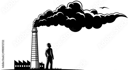 Industrial pollution, factory smoke, environmental concern, black silhouette, vector graphic