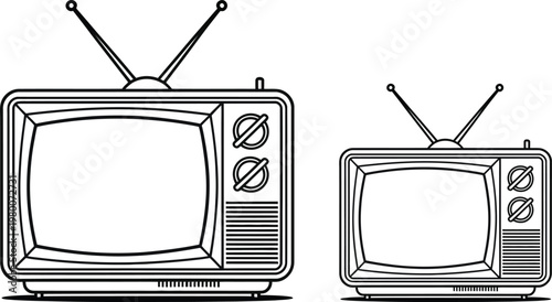 Vintage TV, retro television, old TV set, illustration, vector graphics, black and white