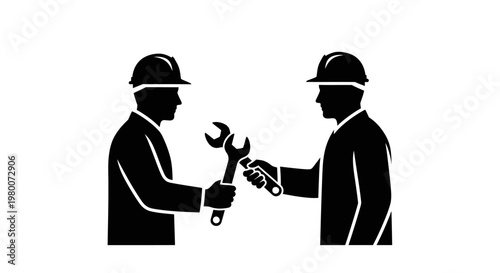 Industrial workers, laborers, construction team, collaboration icons, black vector silhouettes