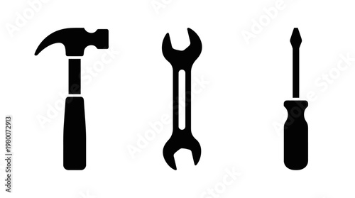 Black silhouettes of basic hand tools.