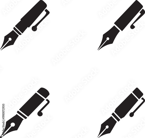 Isolated black and silver metal pen icon vector set featuring professional office equipment and steel work tools on a white background