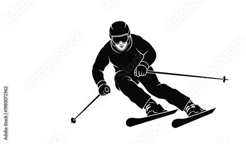 A dynamic illustration showcases a skier in mid action carving through snow with focused intensity presented as a silhouette high quality professional detailed modern