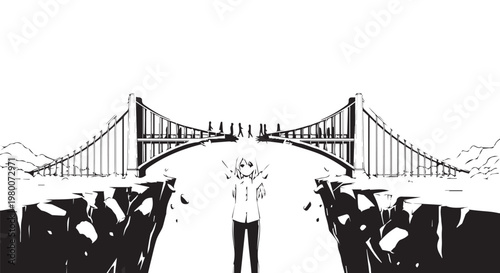 Bridge, cityscape, illustration, vector graphics, black and white, silhouette, man, cows, rural landscape