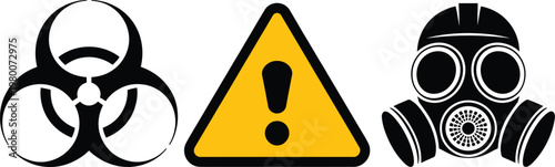 Biohazard, warning, gas mask icons, hazard symbols, danger signs, vector graphics