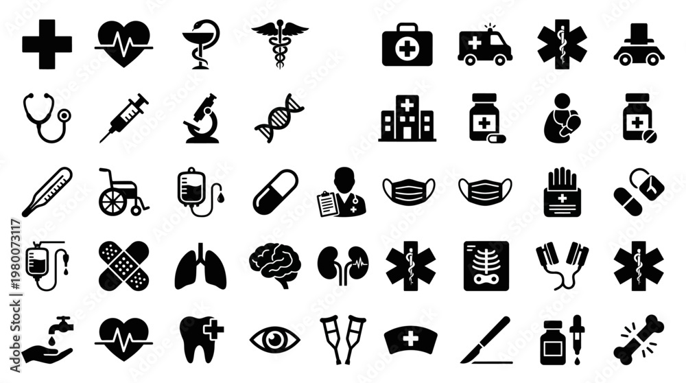 Obraz premium Collection of Medical and Healthcare Icons Representing Health Services.