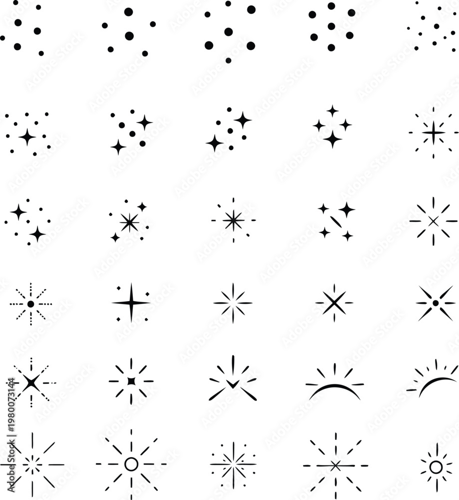 Fototapeta premium 25 hand-drawn sparkle, star, and dot graphic elements, white backgroun