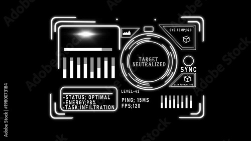 Futuristic hud target neutralized overlay, sci-fi gaming interface animation 4k heads-up display