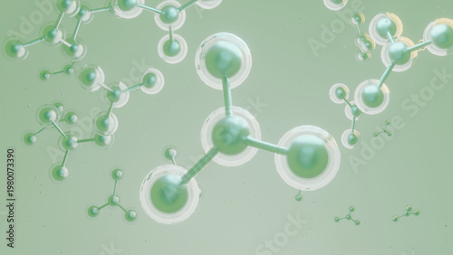Background image of green molecule structure - skin care serum, medical and scientific concept.