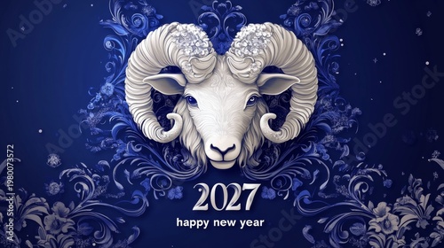 Illustration of ram with floral design for New Year 2027 celebration