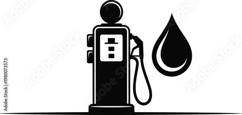 Gas pump, fuel nozzle, oil drop, black icon, petroleum symbol, vector illustration