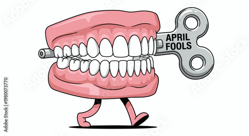April Fools' Day concept with wind-up dentures, symbolizing trickery and pranks with a funny and playful visual