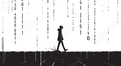 Futuristic silhouette, binary code rain, technology background, hacker concept, coding illustration