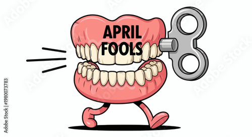 Funny wind-up dentures with 'April Fools' written on them, walking and ready to prank