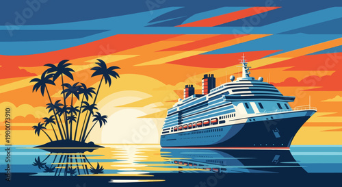 Cruise ship sailing on calm ocean waters during a vibrant tropical sunset with palm trees