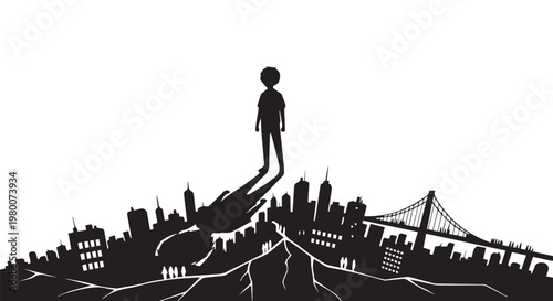 Cityscape silhouette, cracked earth, urban landscape vector, environmental disaster