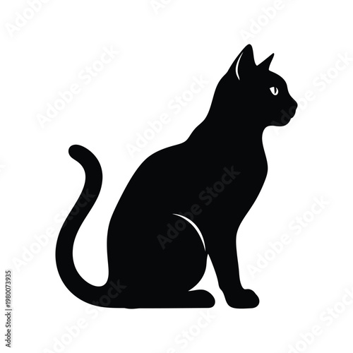 Sitting black cat silhouette, elegant pet animal, mysterious, independent, domestic companion, hunting, observing, and quiet creature.