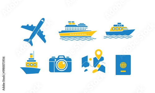 Icon set representing various travel and adventure activities