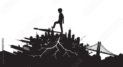 Cityscape silhouette, urban landscape, cracked earth, man on hill, black and white vector