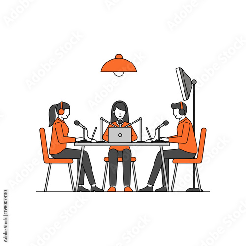 Three individuals engaged in a collaborative virtual meeting setup with laptops and microphones