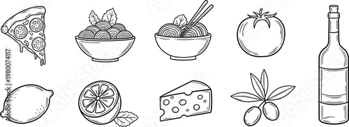 Rustic hand drawn Italian food and ingredients vector set with pizza pasta and wine for restaurant menu design