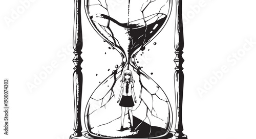 Cracked hourglass, broken time, sand timer, shattered glass