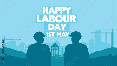 Two workers silhouetted celebrating international labour day against industrial backdrop