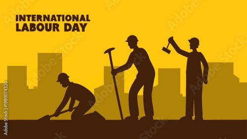 Workers celebrating international labour day with tools and city backdrop