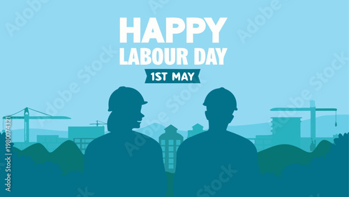 Illustration of workers celebrating the first of may labour day with construction backdrop