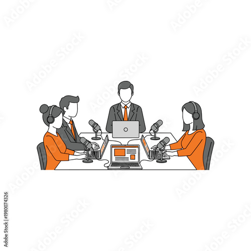 Three individuals participating in a virtual panel discussion with microphones and laptops