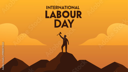 A lone figure standing triumphantly atop a mountain under a vibrant sunset sky.