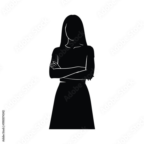 Black silhouette woman, faceless female figure, arms crossed, standing person icon, simple vector illustration