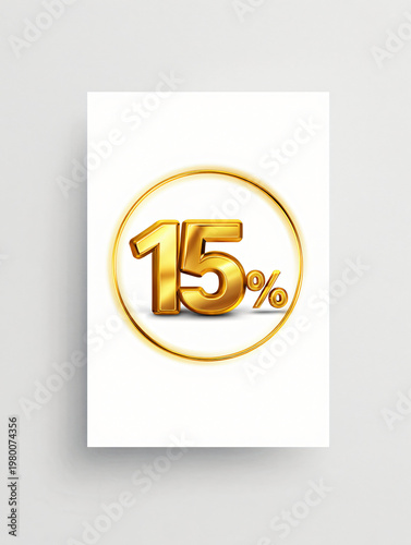 Golden 15 percent discount sign isolated on transparent background