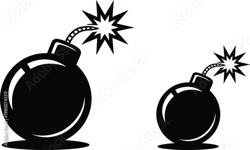 Black bomb icons, explosive symbols, detonation graphics, vector illustrations