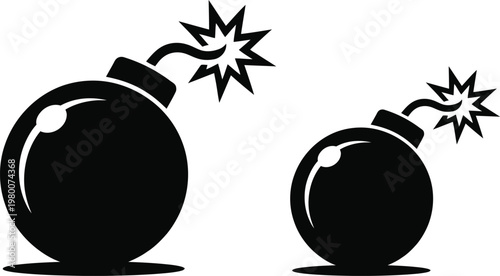 Black bomb icons, explosive symbols, detonation graphics, vector bomb illustrations