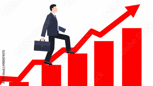 Business professional ascending a series of upward-trending red bar graphs