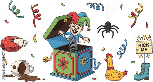 Funny prank png April Fools cutout Clown box png Rubber chicken cutout Whoopee cushion png Trick spider cutout Spilled coffee png Joker toy cutout Playful isolated transparent background image
