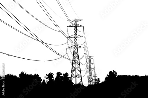 Power lines silhouetted against the sky, showing a network of towers